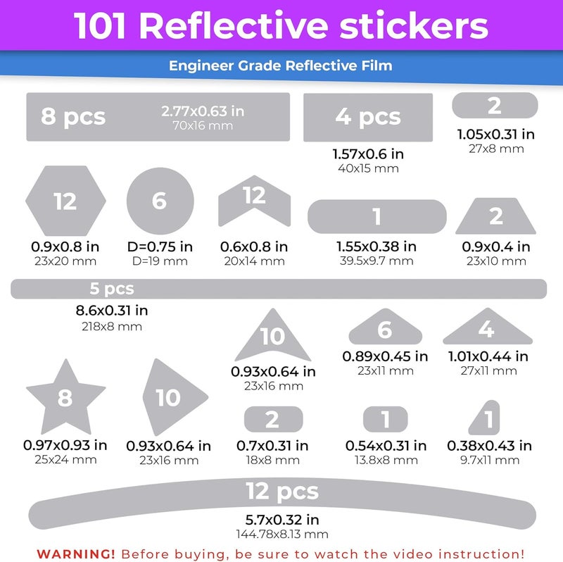 Loom Reflective Stickers Mega Kit (101pcs WHI-Gray)• Nighttime Safety Waterproof Self-Adhesive Decals for Helmets, Skateboard, Bike, Scooter, E-Bike, Motorcycle & Strollers • Bright Colors - Image 3